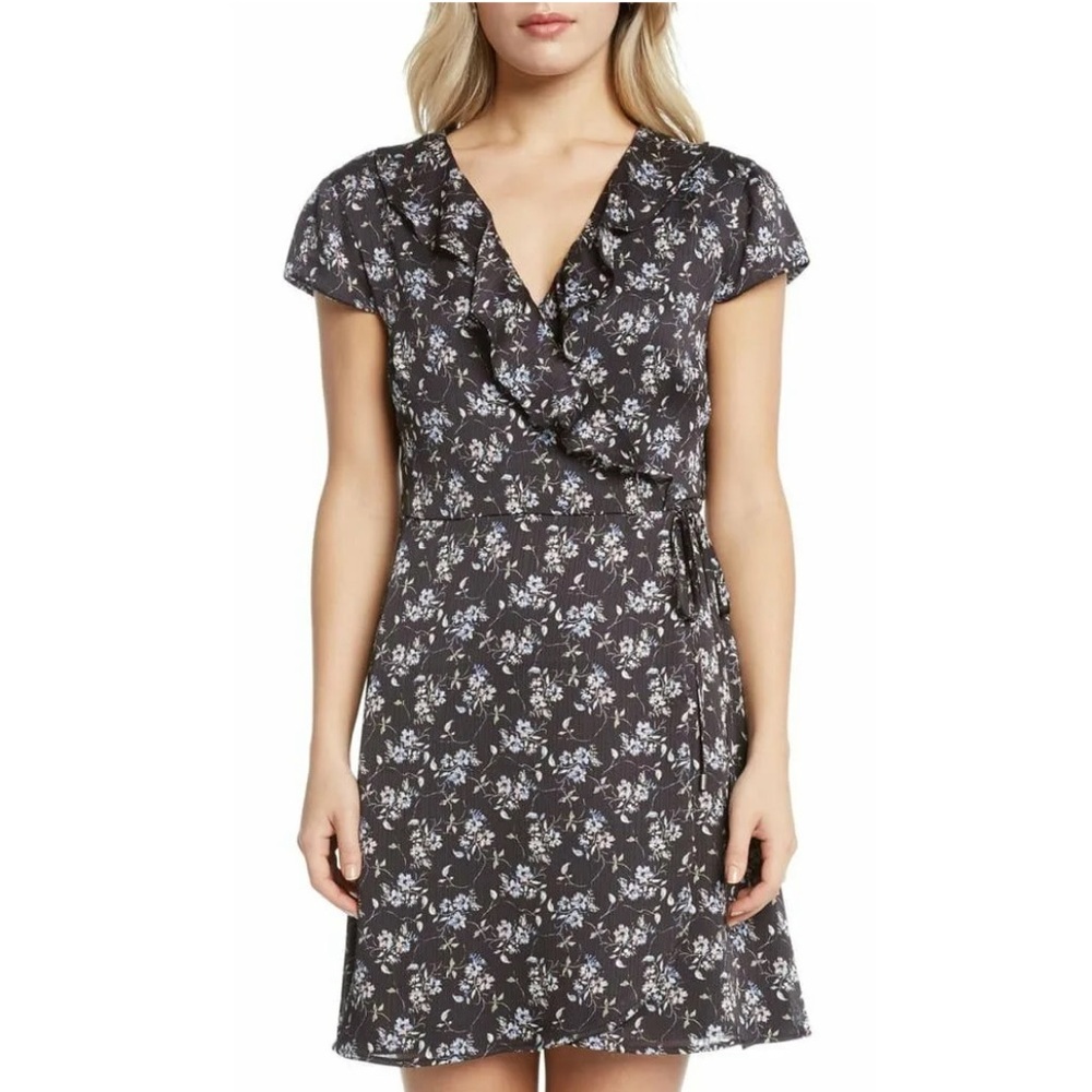 NWT Willow & Clay Mini Wrap Ruffle Dress in Black Floral Print Made in USA